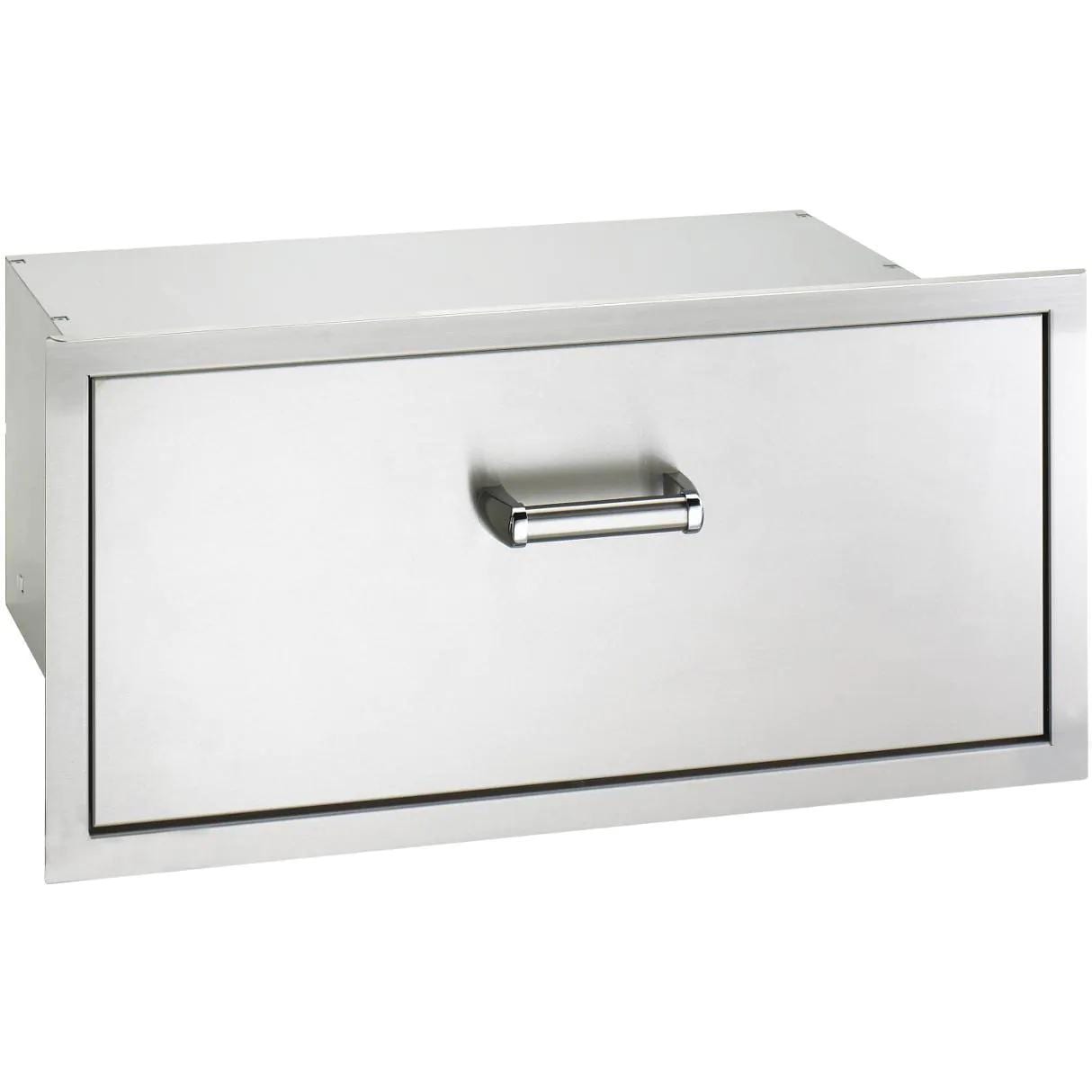 White flush masonry drawer with soft-close handle, rectangular front panel