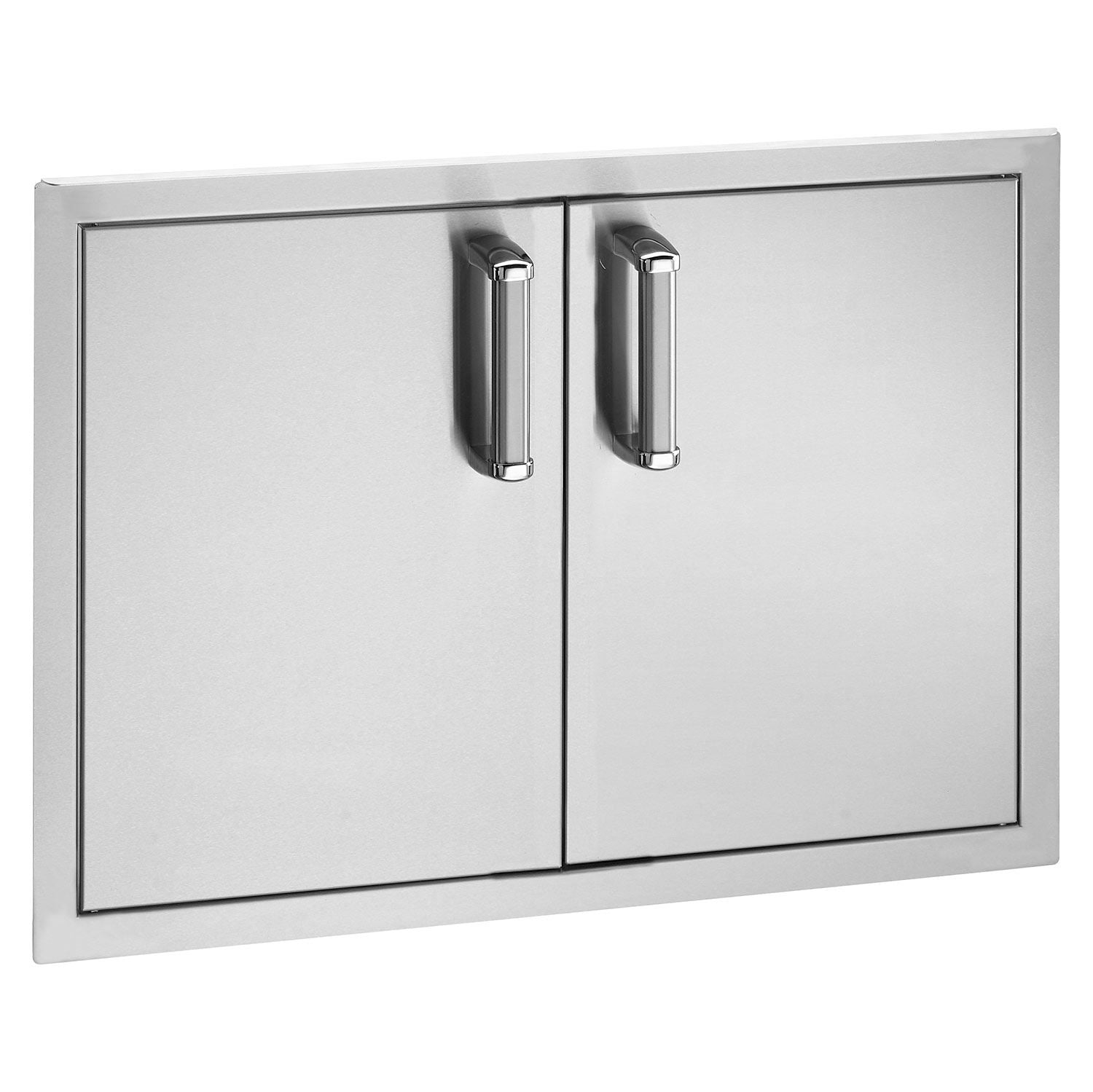 Outdoor propane tank cabinet with double doors and two vertical metal handles