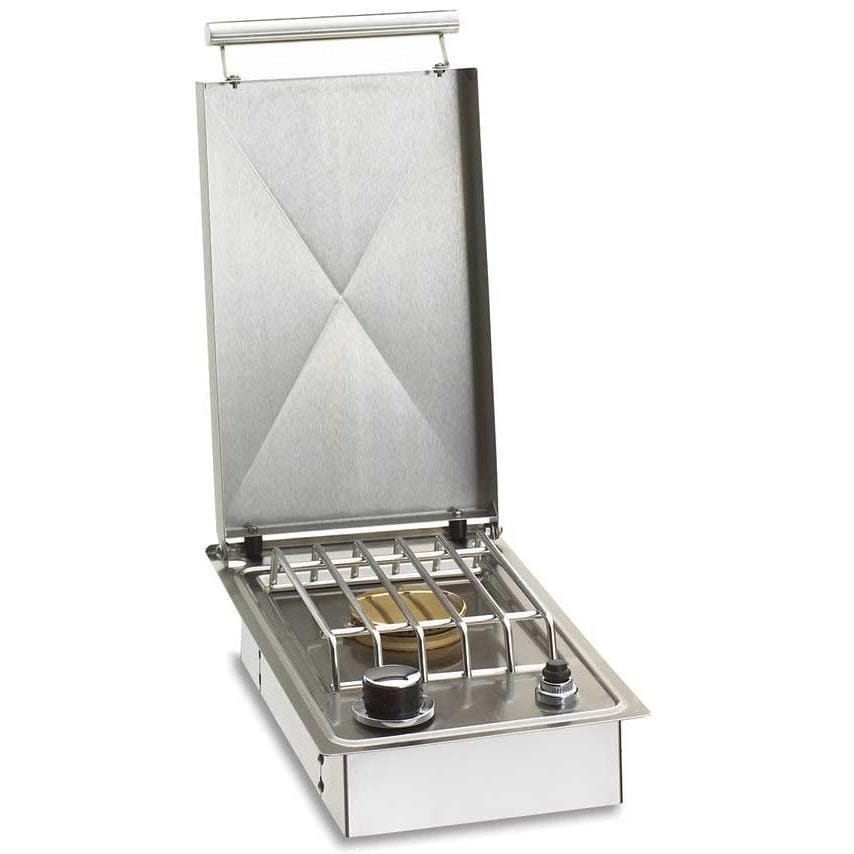 Open stainless countertop propane side burner with wire cooking grate and control knobs