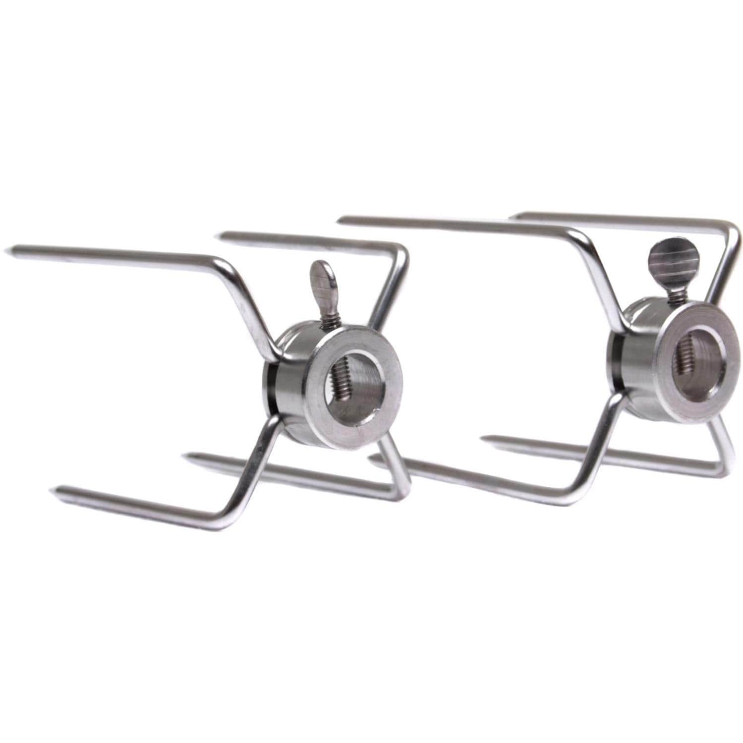 Stainless steel rotisserie meat fork set with round mounting hubs and prongs