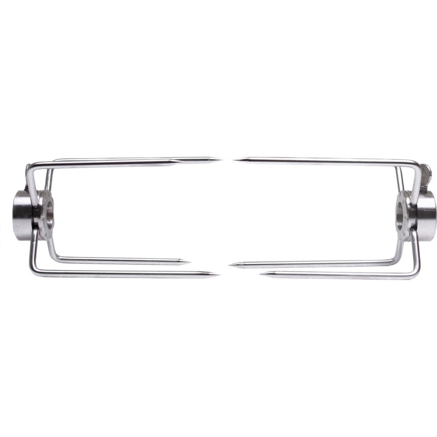 Stainless steel rotisserie fork frame with end clamps and prong supports