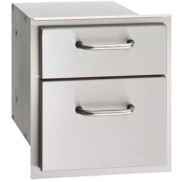 Stainless steel double access drawer with two chrome pull handles