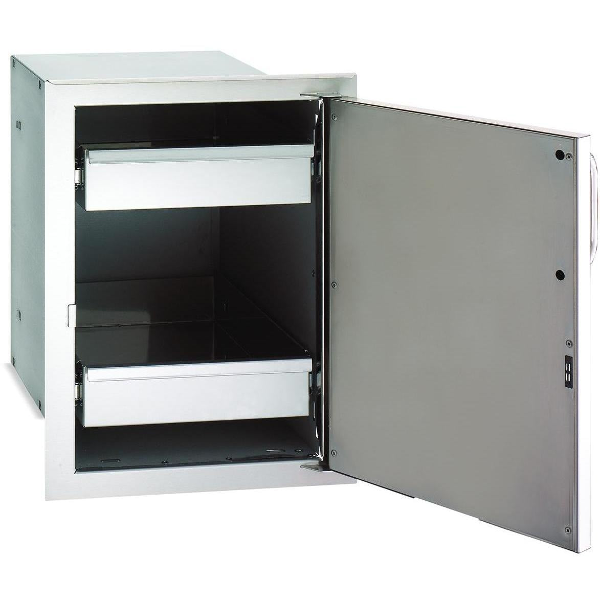 Enclosed storage cabinet with drawers, open right-hinged door and interior shelves