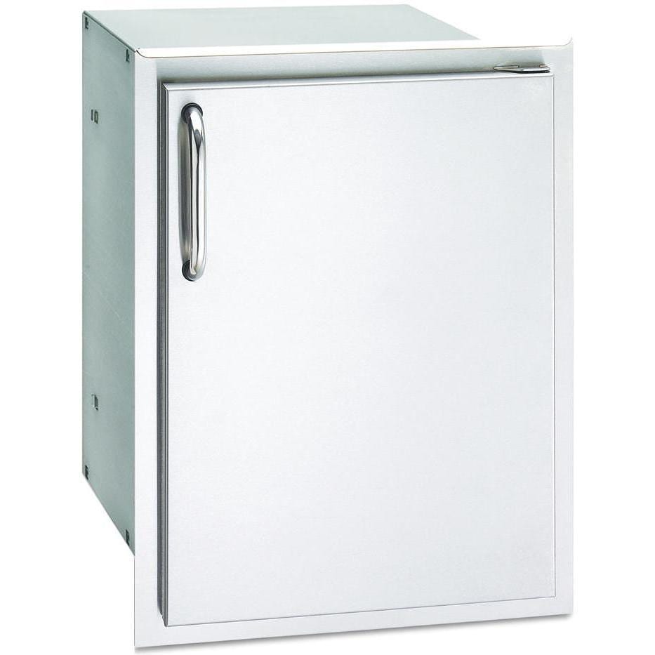 Enclosed storage cabinet with handle, right-hinged door closed, brushed metal finish