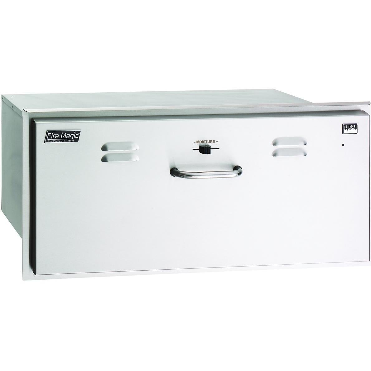Built-in warming drawer with stainless steel front and handle, closed view