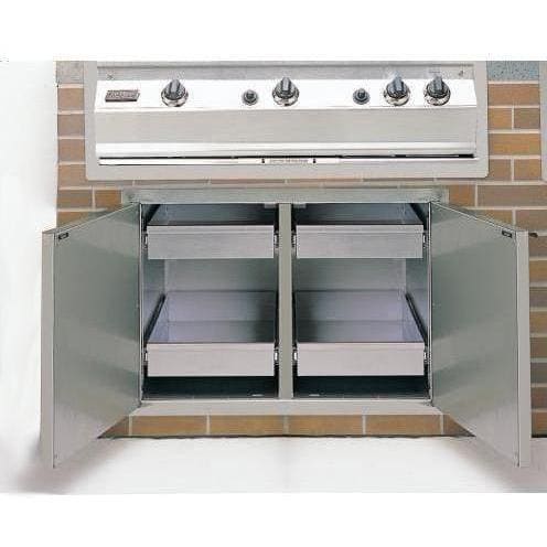 Enclosed outdoor storage cabinet with two pull-out drawers, open view
