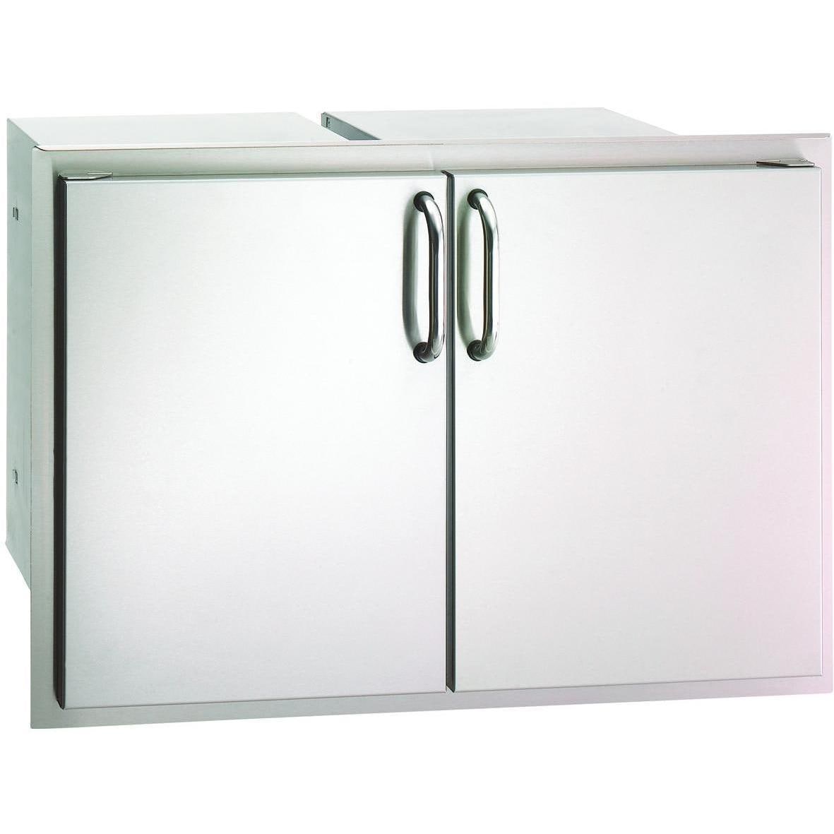 Enclosed outdoor storage cabinet doors with curved handles, closed view