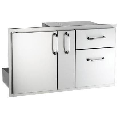 Stainless steel access door cabinet with platter storage and double drawers, brushed finish