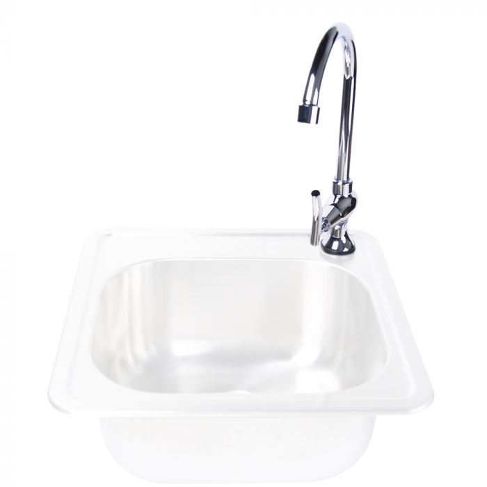 Stainless steel single-handle outdoor faucet mounted on a sink basin with arched spout