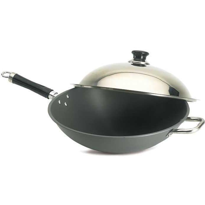 Wok with stainless steel cover, black handle, two side handles