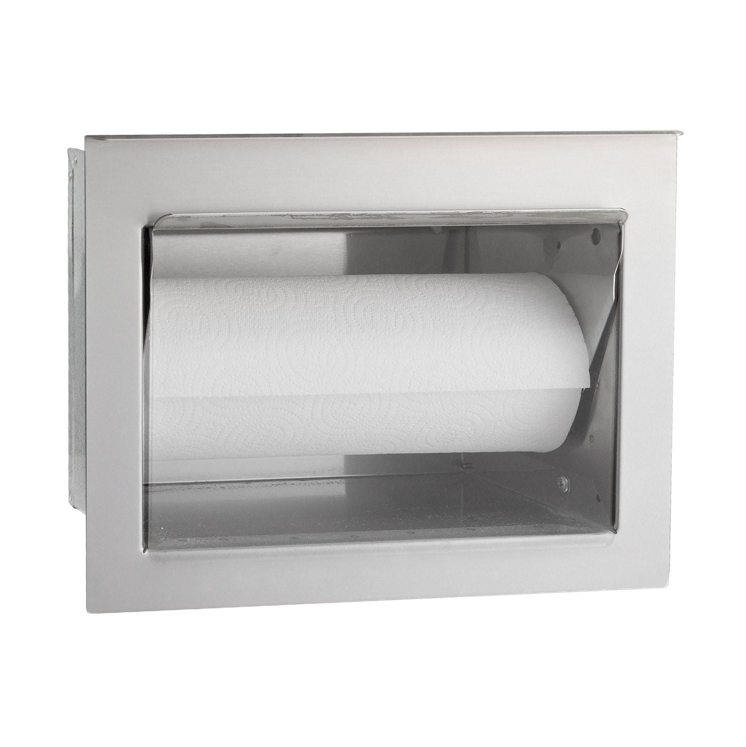 Paper towel holder with metal mount and chrome frame holding a paper towel roll