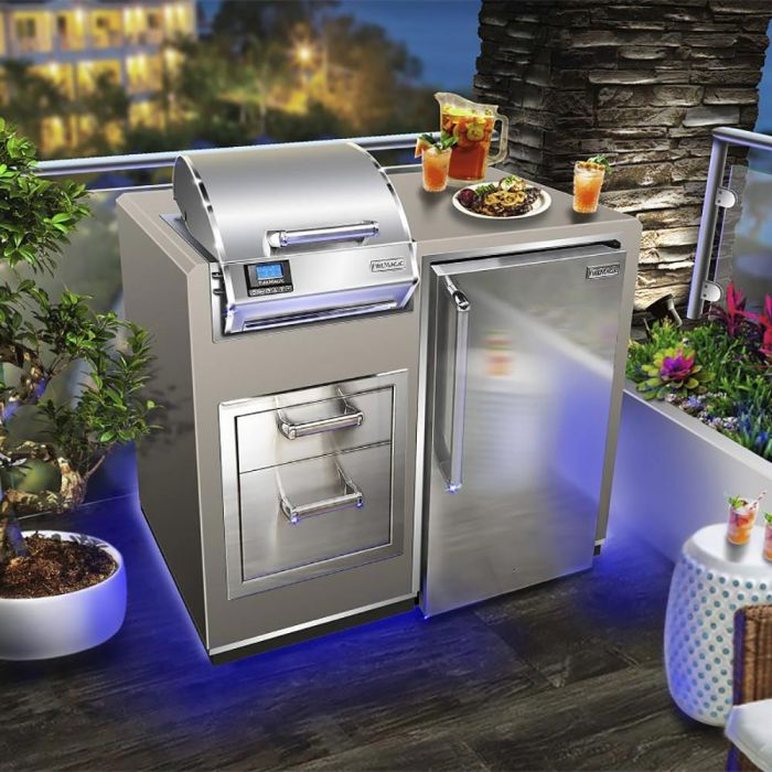 Stainless steel electric grill island with refrigerator door, drawer, and side cabinet