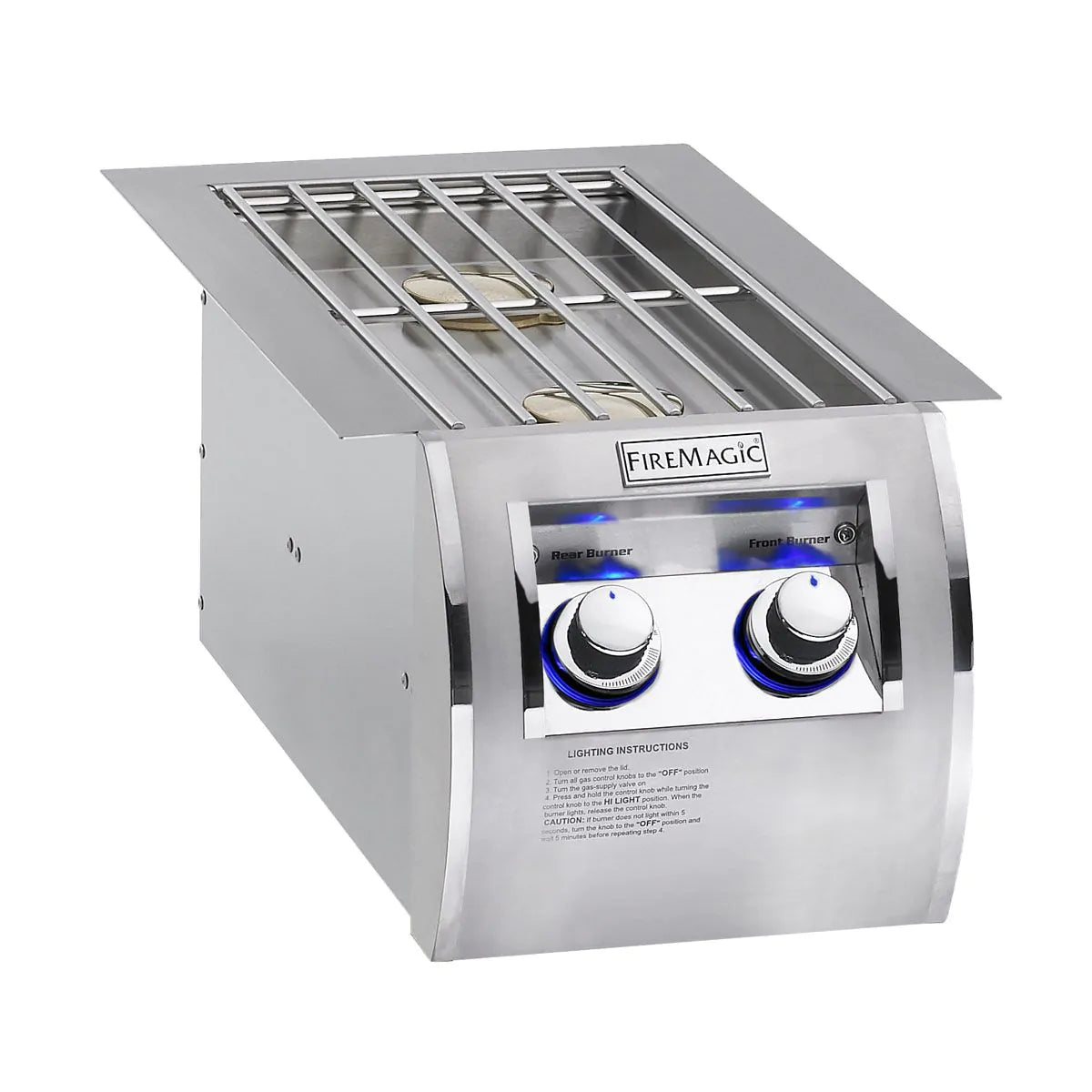 Stainless propane gas double side burner with diamond grate and two control knobs