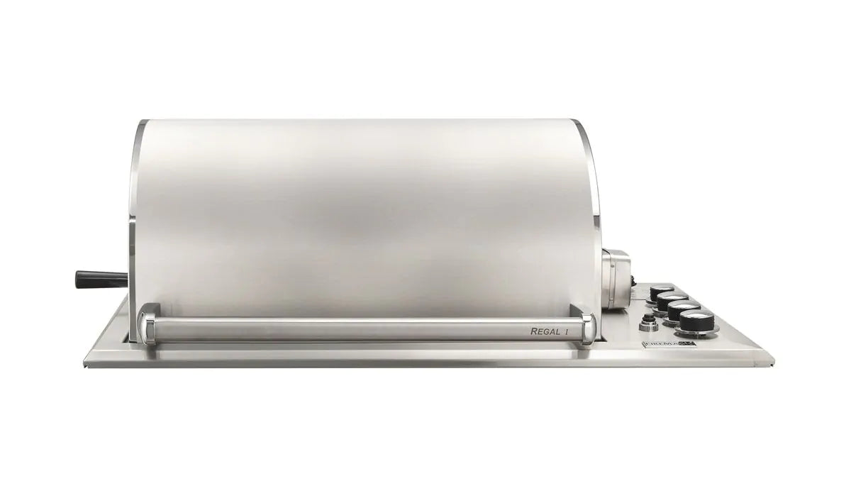 Stainless steel drop-in gas grill with control knobs and front burner cover