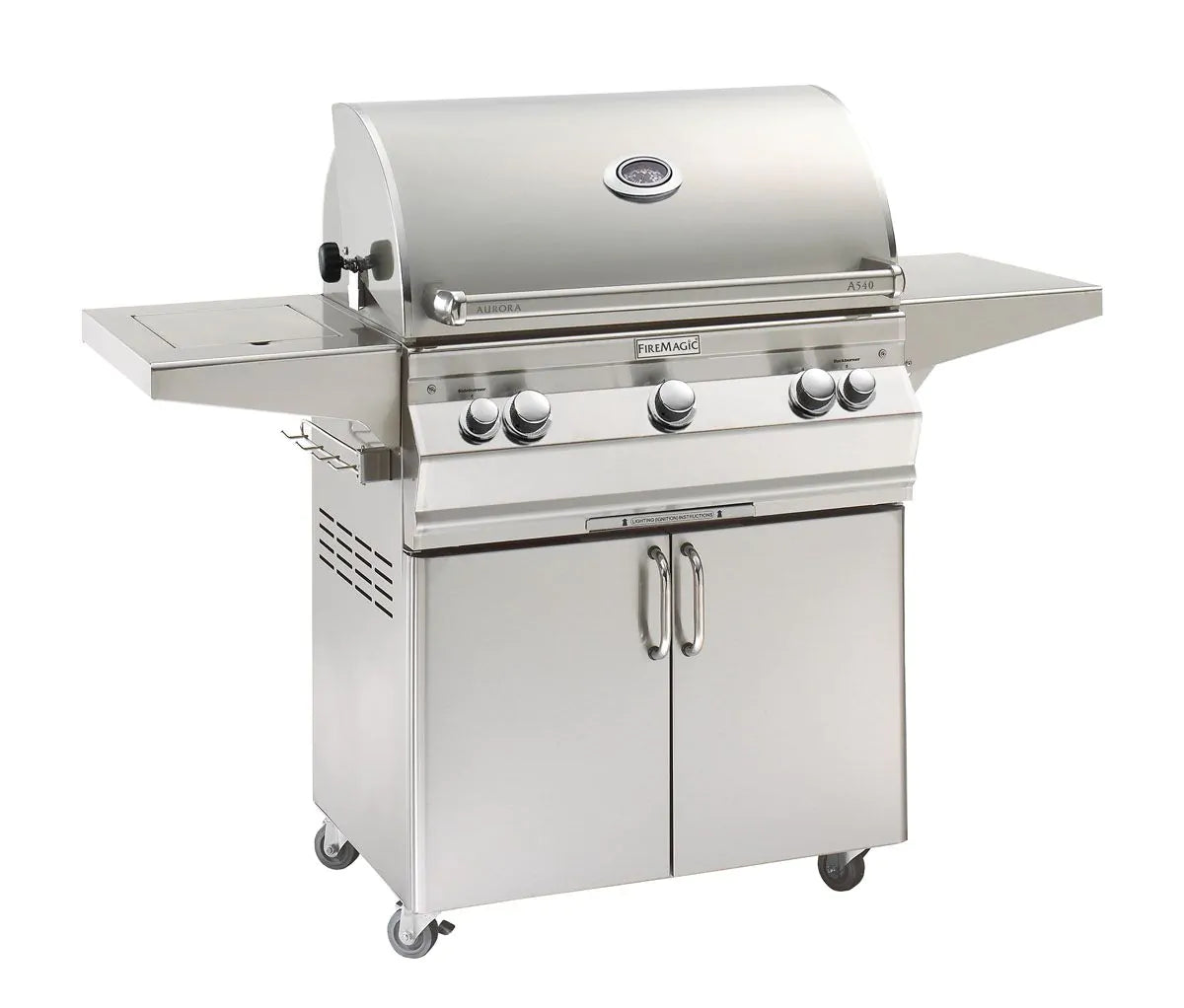 Propane gas grill with lid, control knobs, and double cabinet doors on wheels