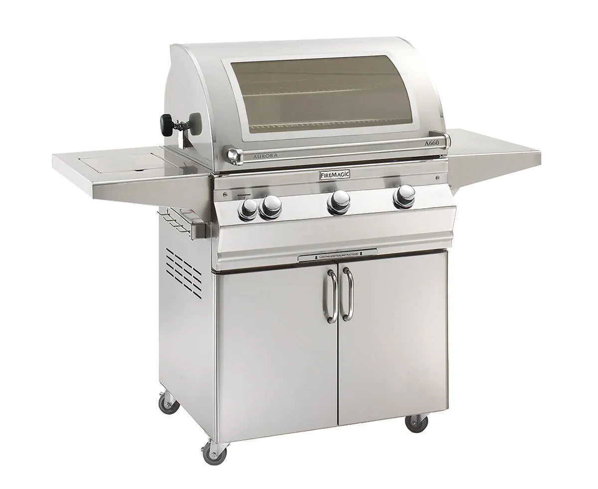 Stainless steel freestanding propane grill with side burner and double-door cabinet
