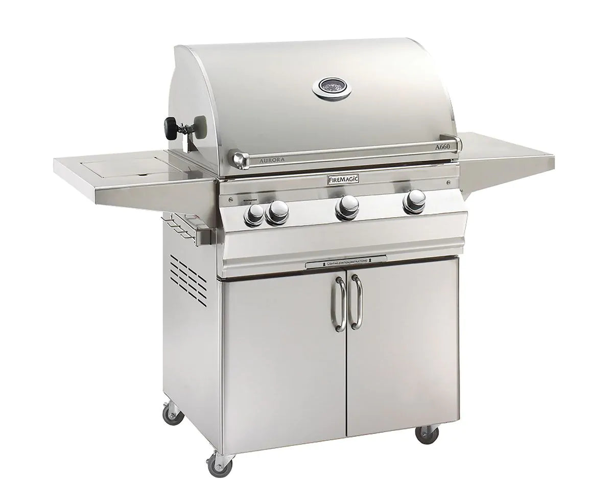 Stainless steel freestanding gas grill with side burner, sear burner, and analog thermometer
