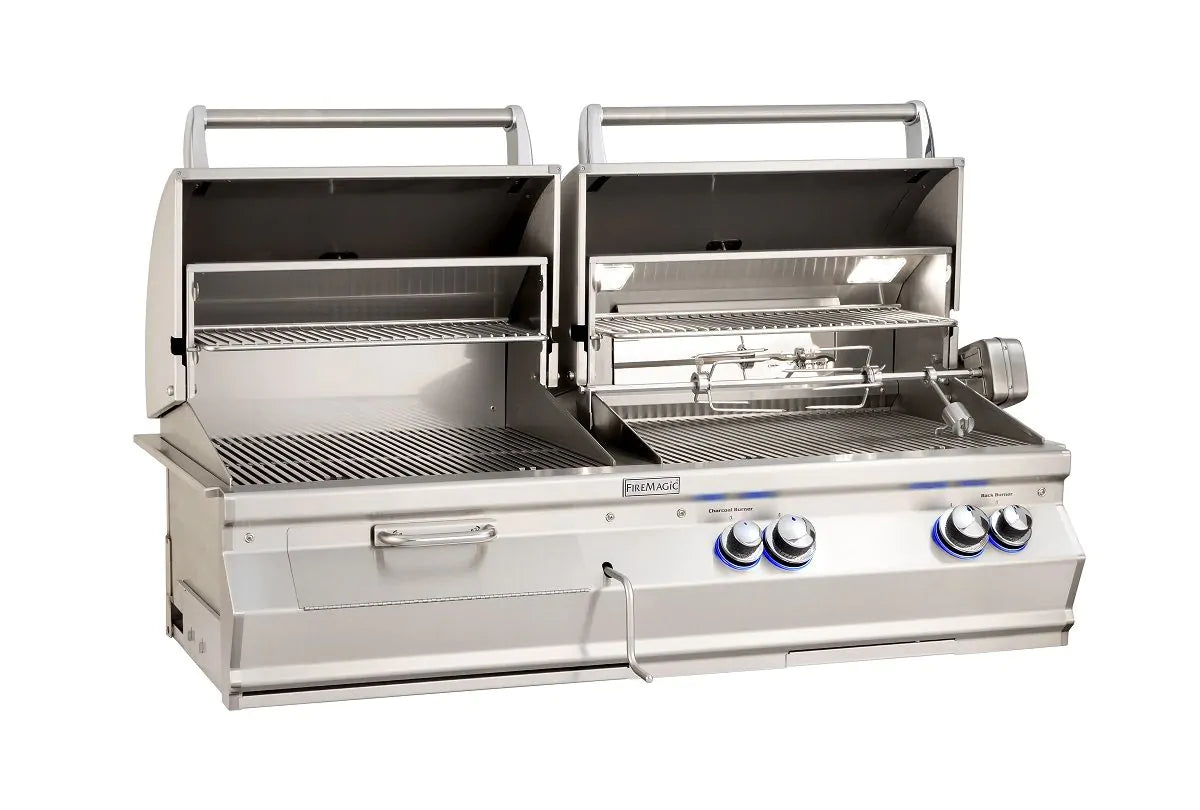 Open built-in dual fuel grill with stainless steel cooking grates and front control knobs