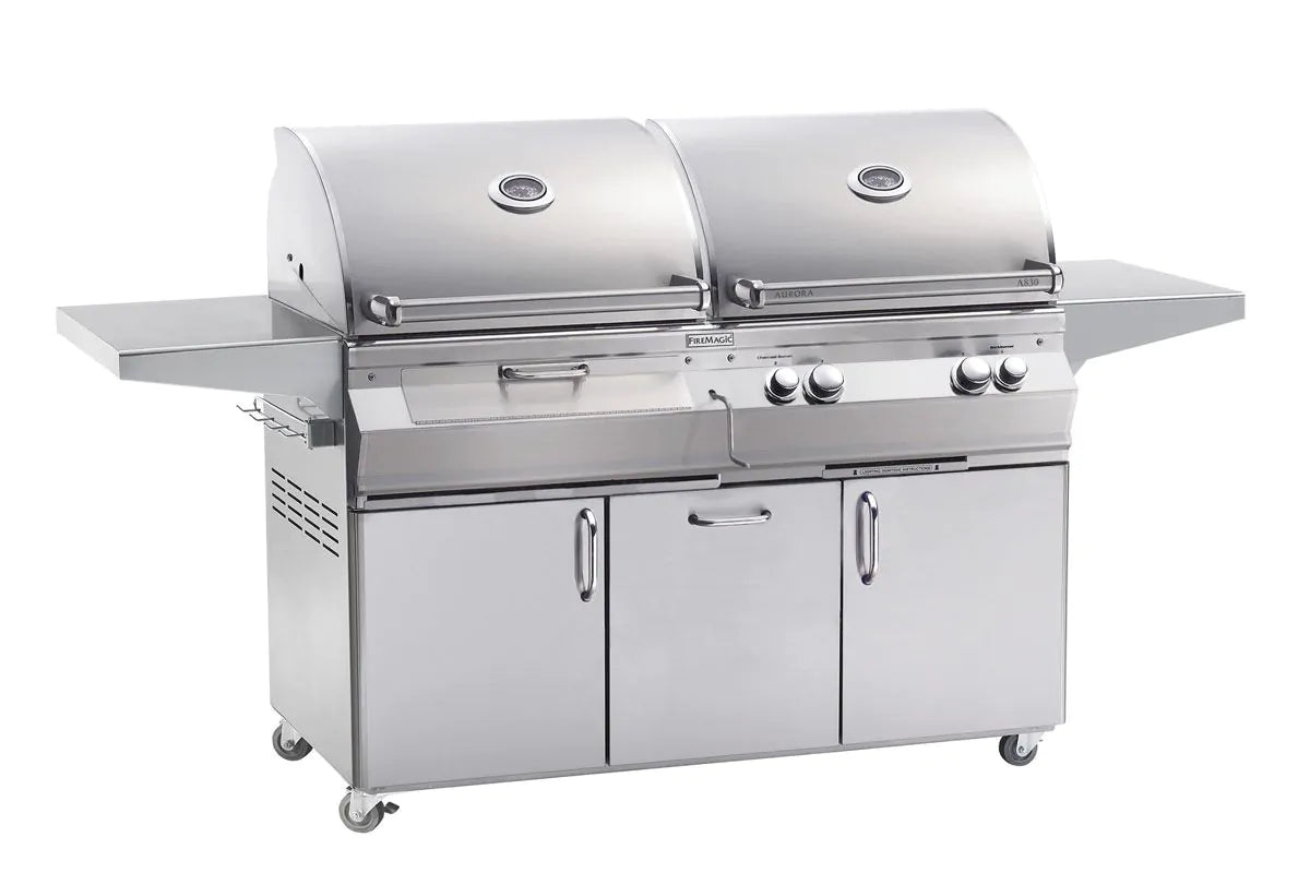 Stainless steel freestanding dual grill with closed lids and control knobs