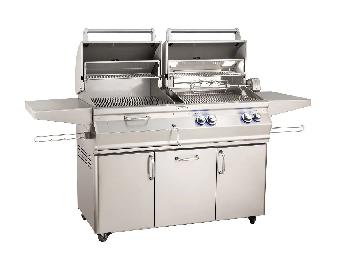 Stainless steel freestanding dual-fuel grill with open hood and control knobs