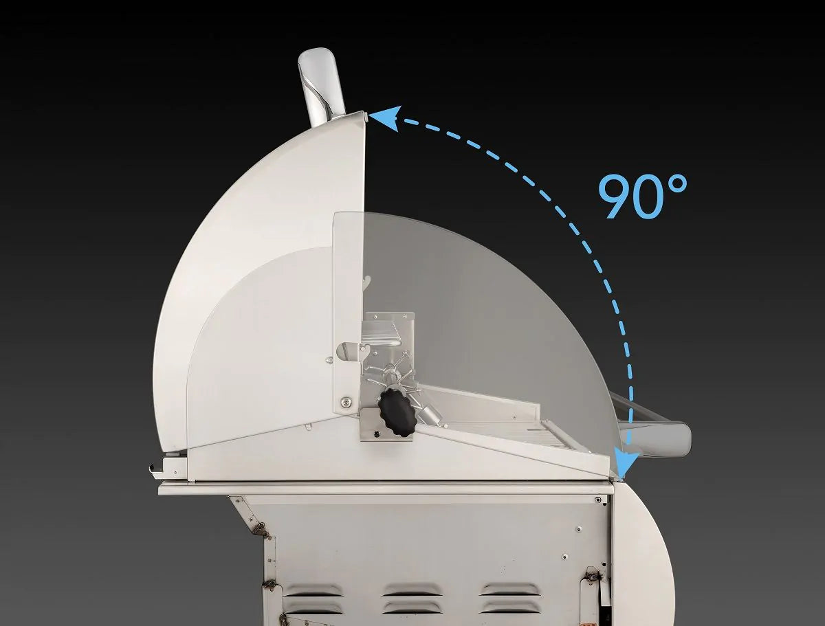 Gas grill open lid showing cook chamber and control area