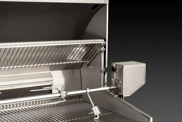 Open stainless grill with cooking grates, side warming area, and mounted accessory box
