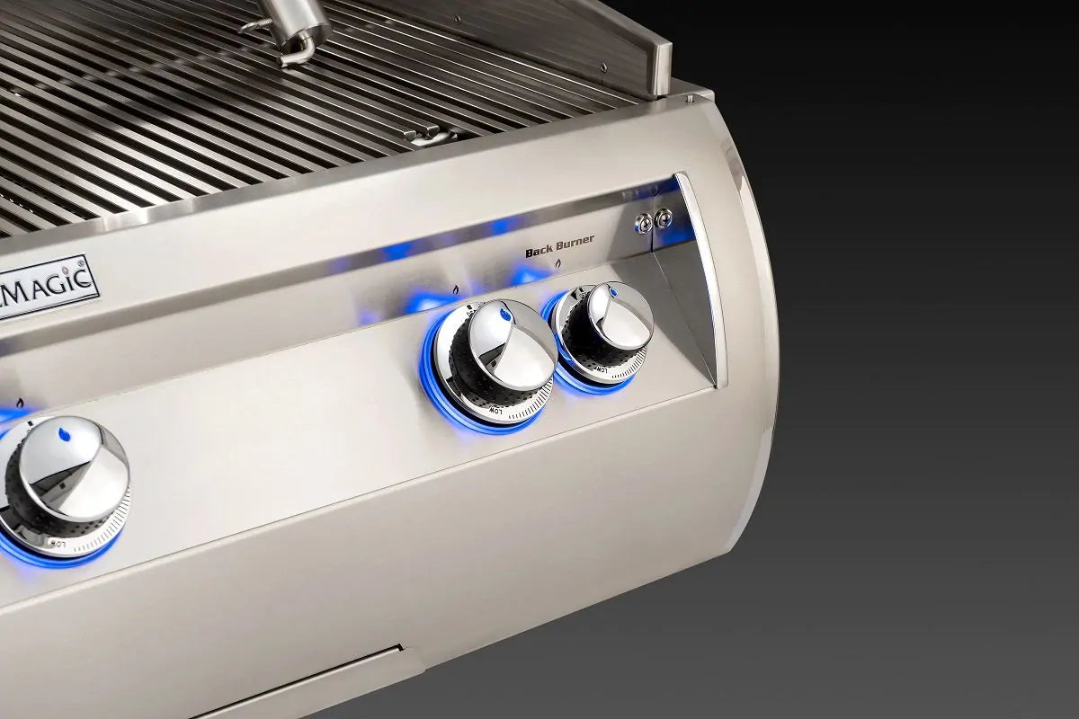Control knobs and burner switches on stainless steel propane grill side panel