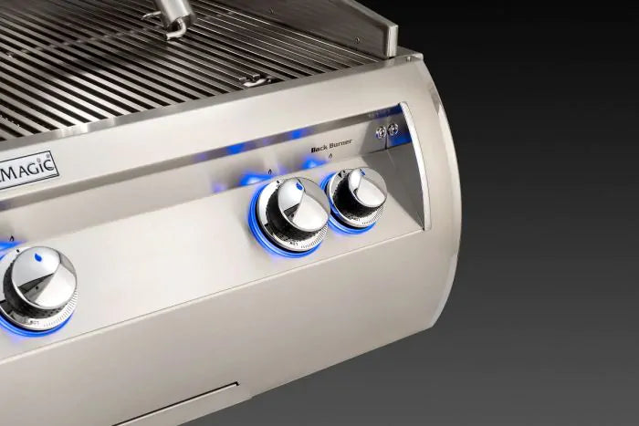Control knobs with blue accents and burner dials on stainless steel gas grill