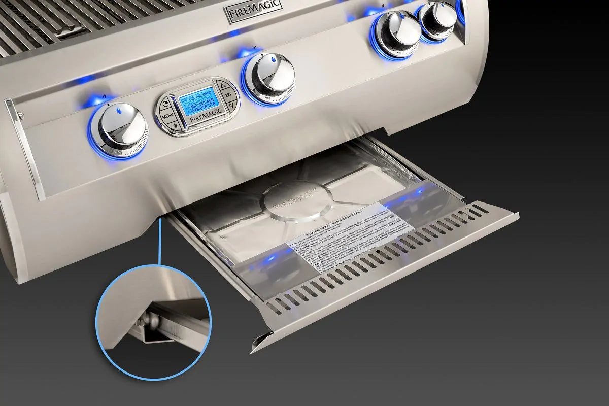 Freestanding grill side burner with lift-up cover showing burner and heat shield
