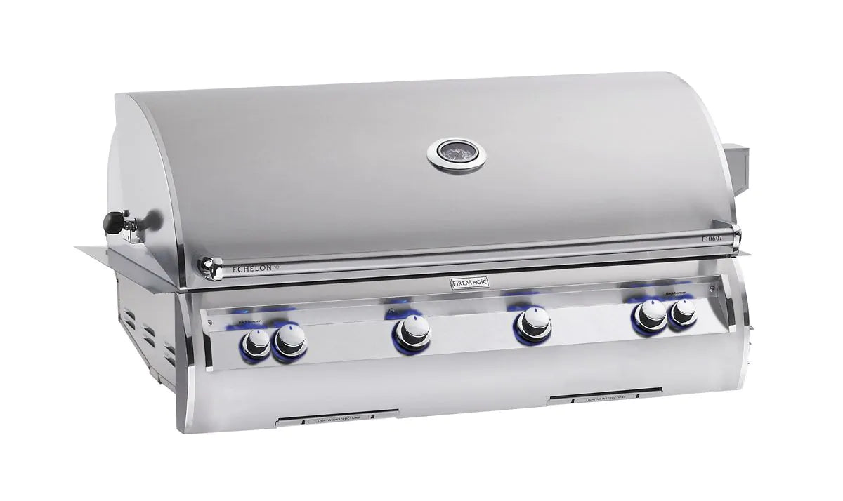 Built-in gas grill with stainless lid, control knobs, and side handles