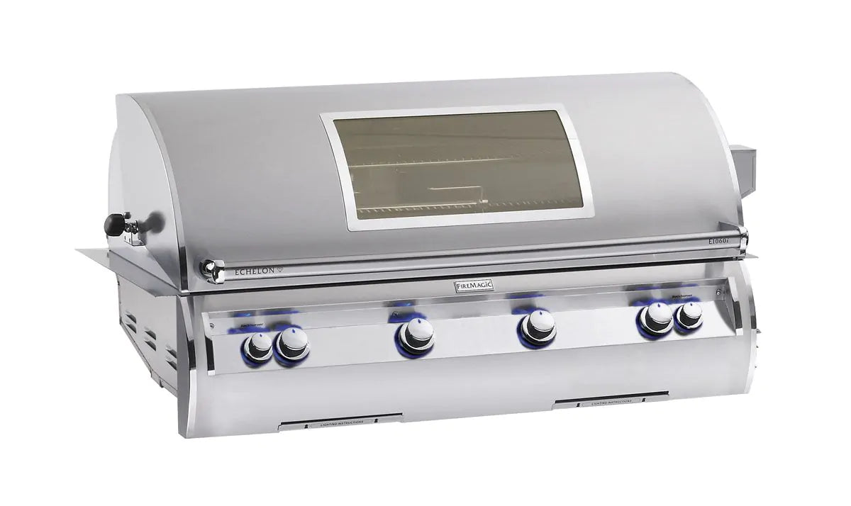Stainless built-in gas grill with lid window and control knobs