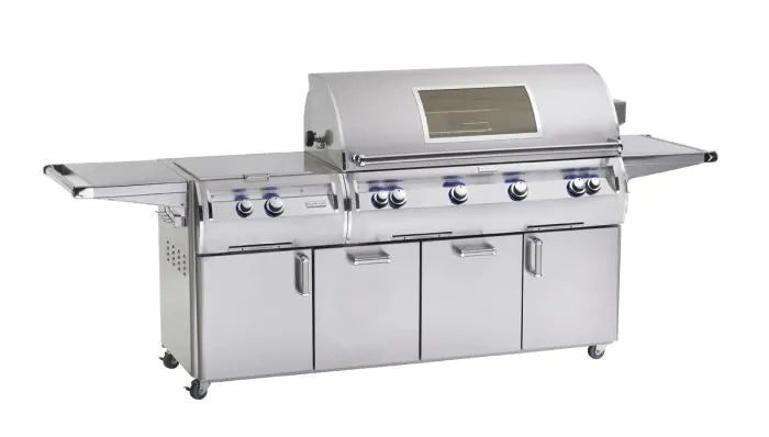 Freestanding stainless steel gas grill with lid thermometer and front burner control knobs