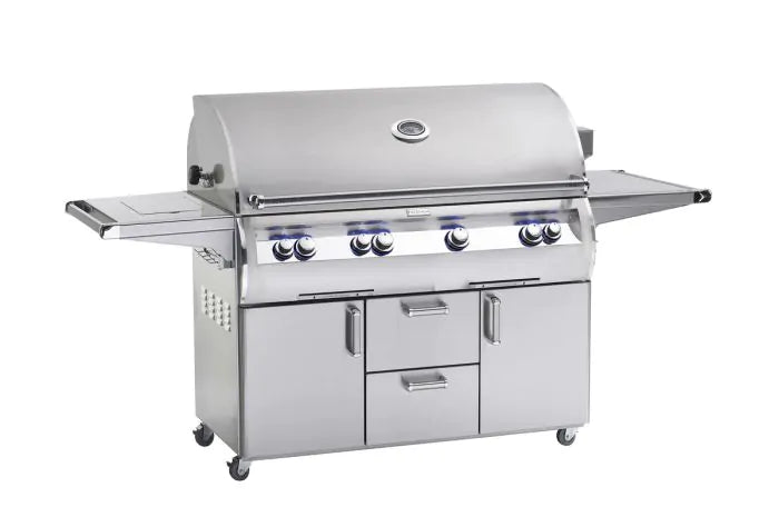Freestanding stainless steel gas grill with side shelf and control knobs