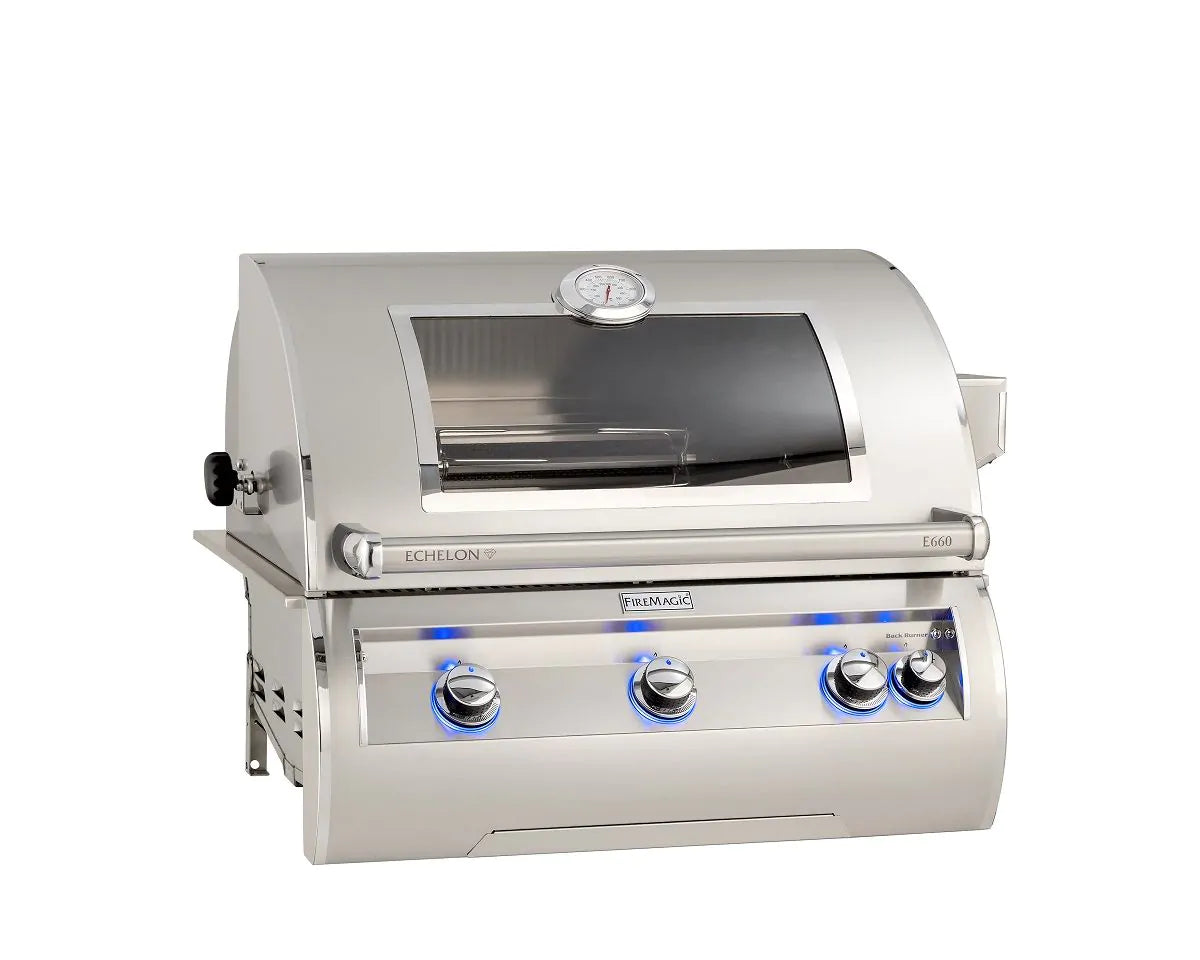 Stainless built-in propane gas grill with viewing window and analog thermometer