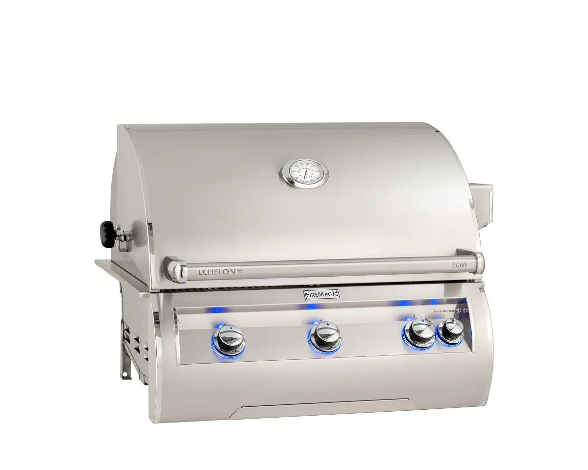 Stainless built-in gas grill with lid thermometer and front control knobs