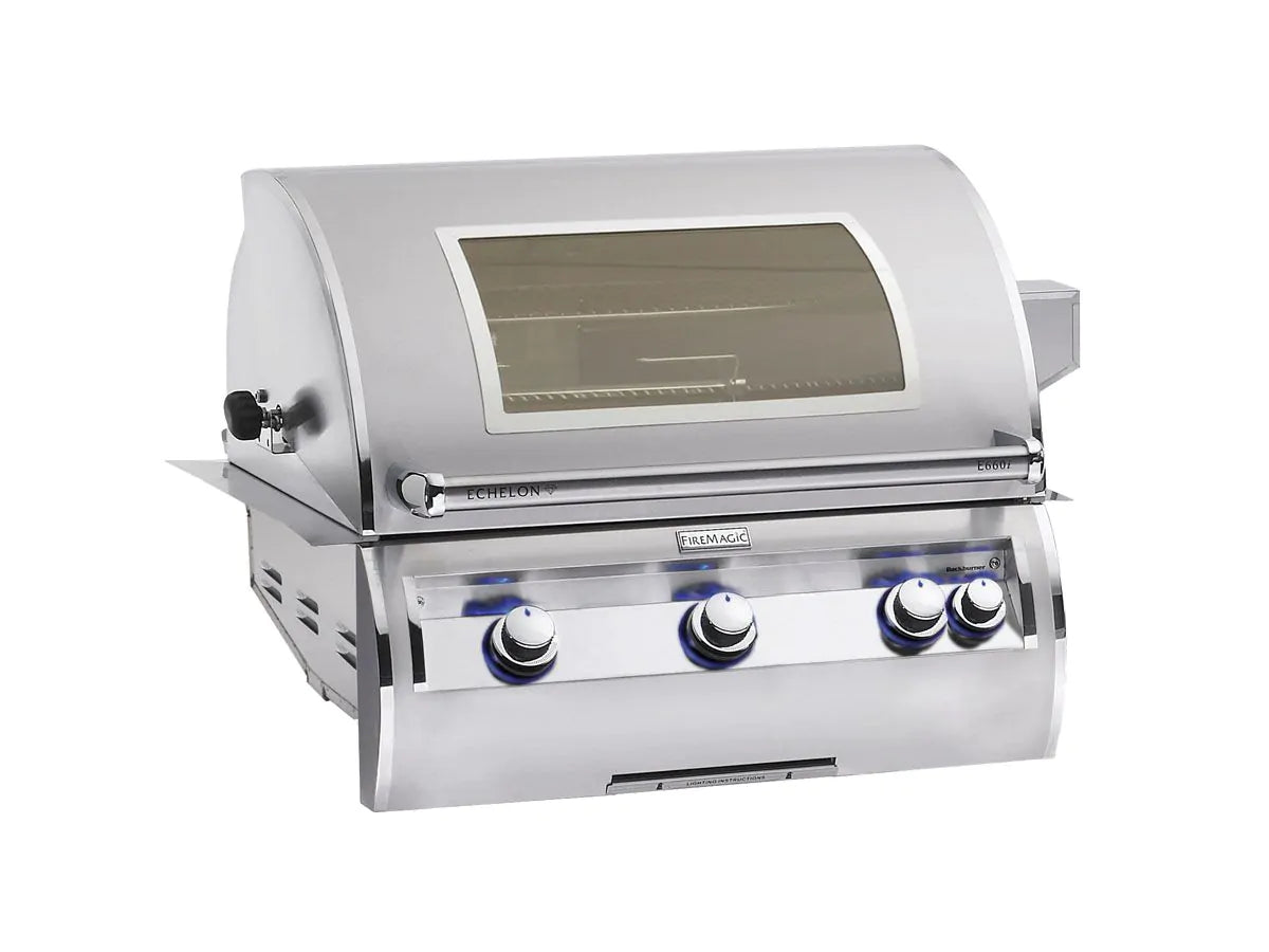 Stainless built-in gas grill with rectangular glass lid window and control knobs