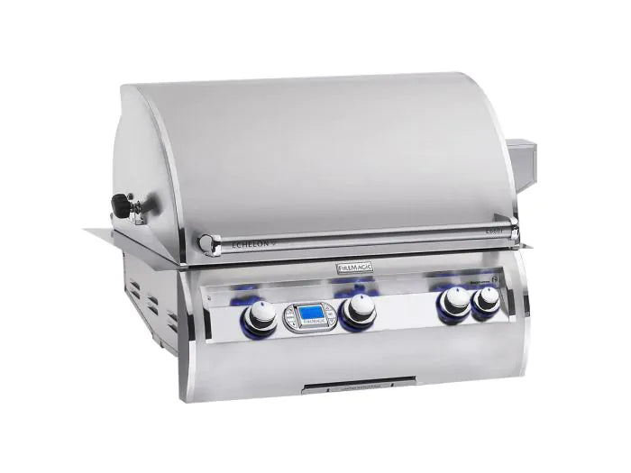 Stainless steel gas grill with roll-top hood and control knobs on front panel