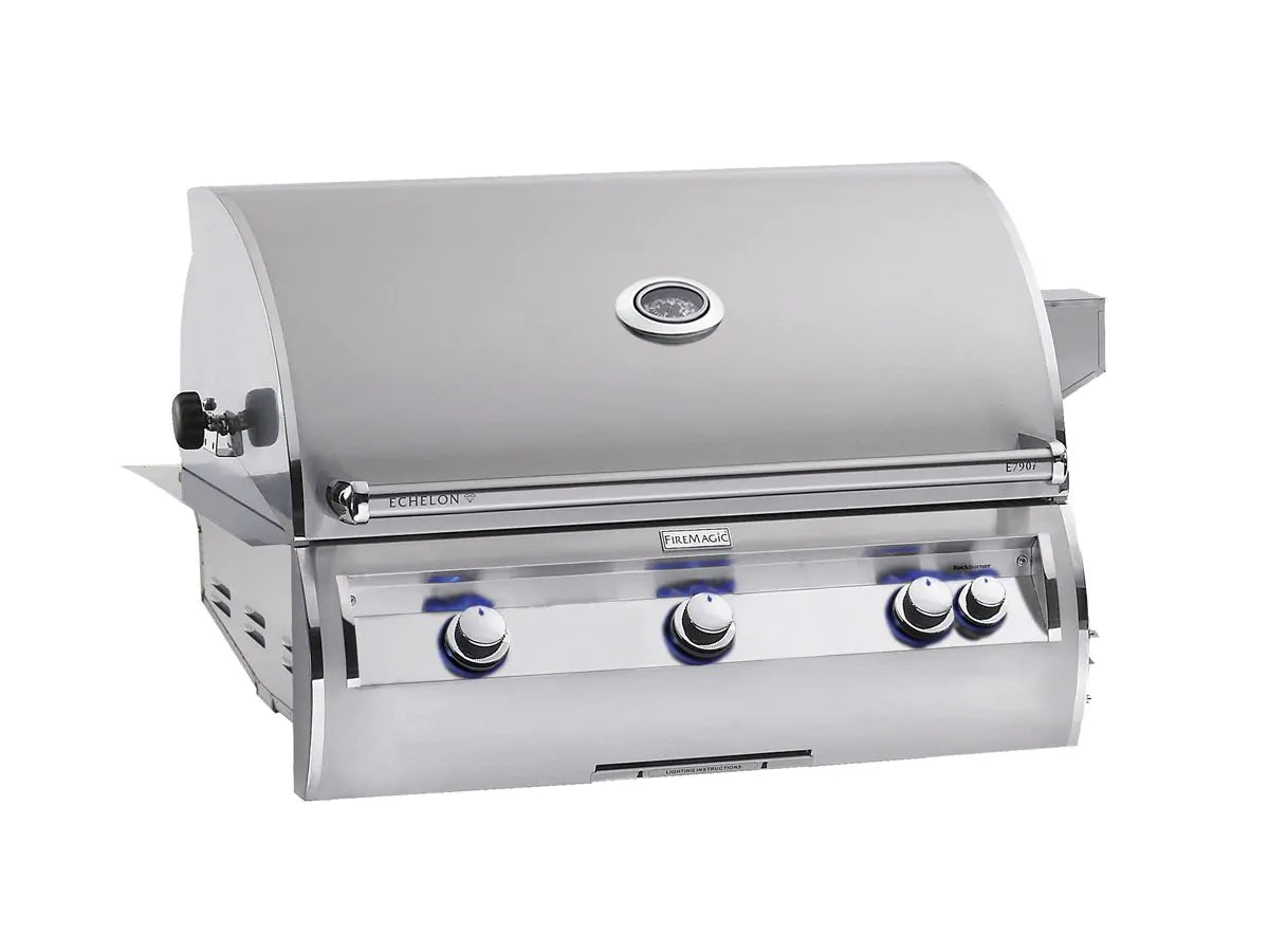 Propane built-in gas grill with stainless hood and control knobs, front view