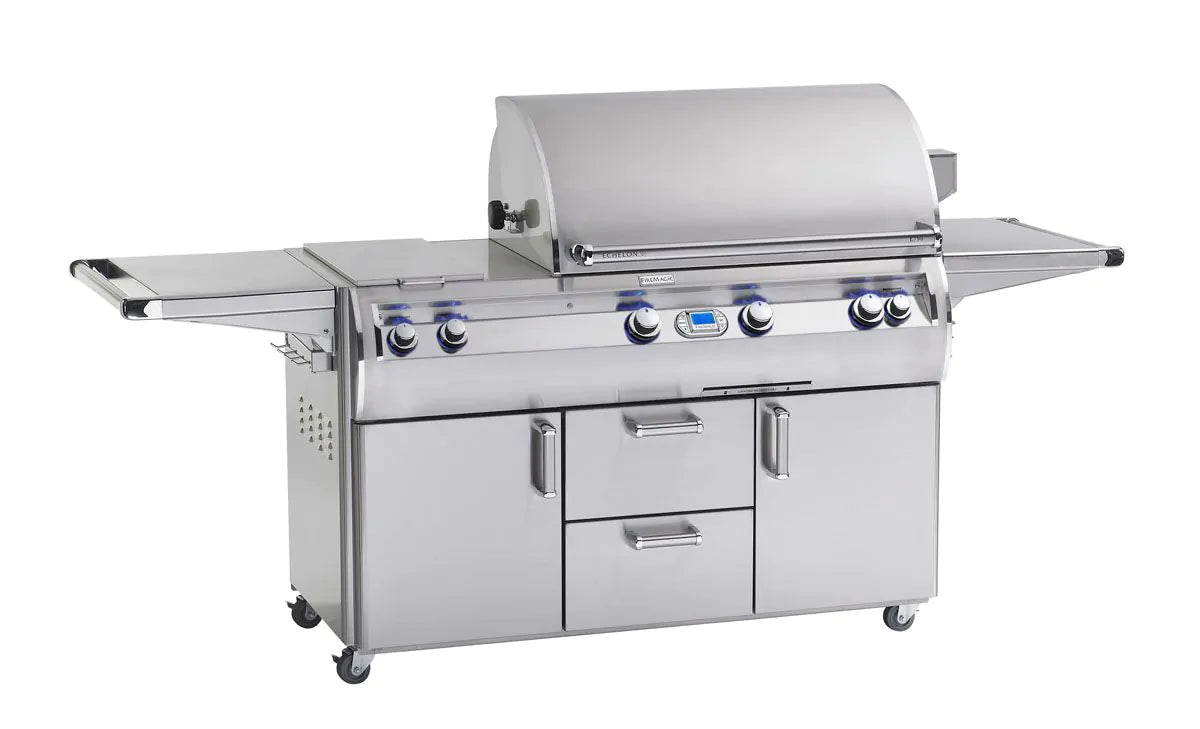 Stainless steel freestanding gas grill with side shelves and control panel, rotisserie ready