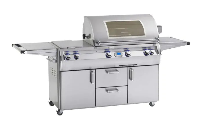 Freestanding stainless gas grill with side tables, control knobs, and cabinet doors