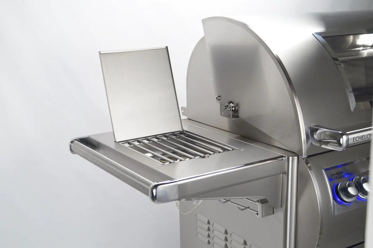 Open stainless grill hood with main grates, lid handle, and front burner controls