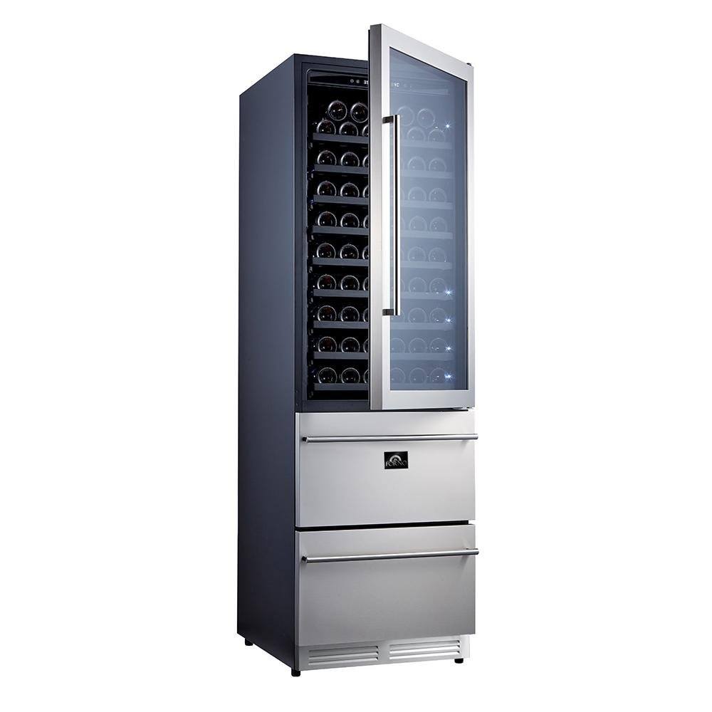 Dual-zone wine cooler front view with open glass door and stainless drawers