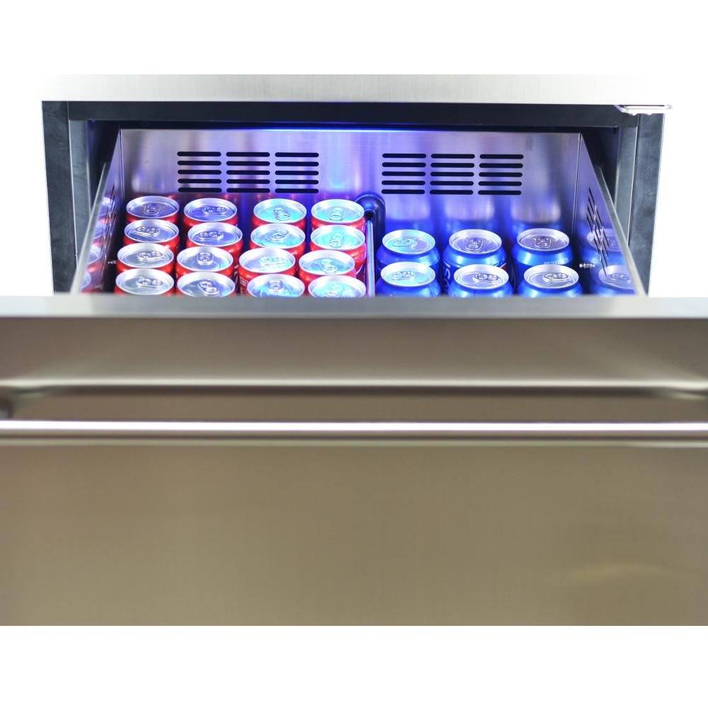 Dual-zone wine cooler top compartment lit with rows of wine bottles
