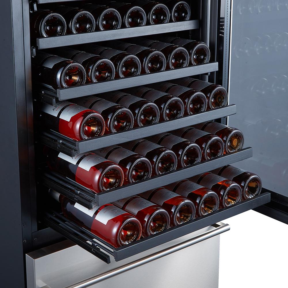 Dual-zone wine cooler shelf with bottles and metal rack rails