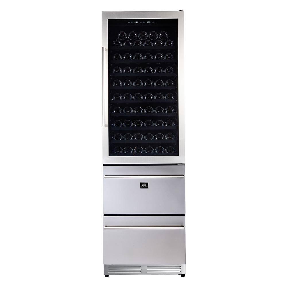 Dual-zone wine cooler with open stainless door and black bottle racks