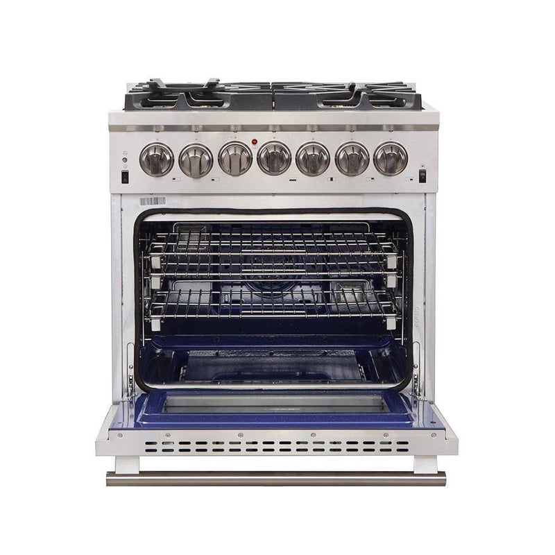 Forno 3-Piece Pro Appliance Package - 30" Dual Fuel Range, Pro-Style Refrigerator, and Dishwasher in Stainless Steel Appliance Package Forno 
