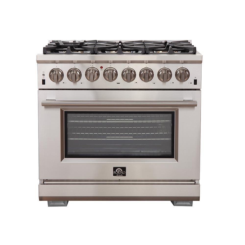 Stainless steel dual fuel range with front control knobs and closed oven door window