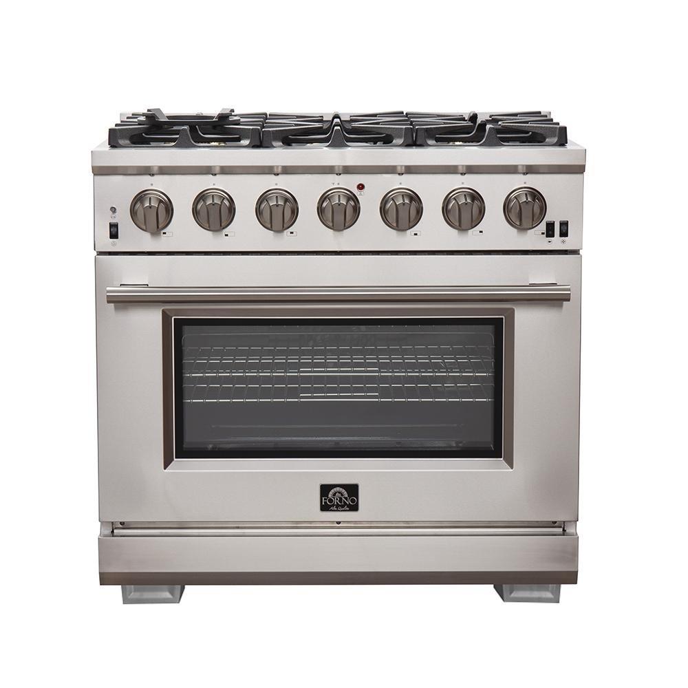 Stainless 36-inch gas range with 6 burners and glass oven door