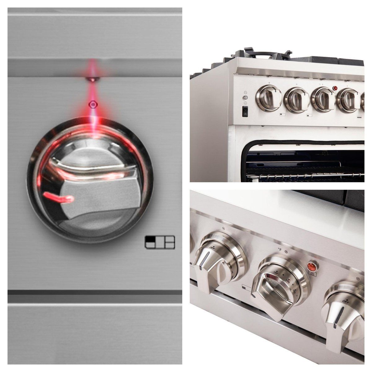 Stainless gas range with front control knobs and oven burner area