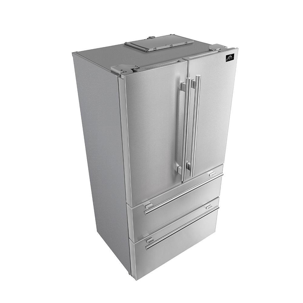 Stainless French door refrigerator with integrated handles and bottom freezer door